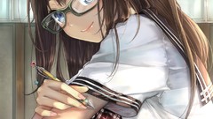 Cats glasses anime girls brunettes school uniforms original 