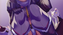 Cats gloves coat blue hair anime girls purple eyes panties dark 