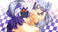 Cats Halloween skirts blush long hair green eyes gray hair open 