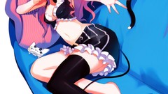 Cats headphones red eyes anime girls lying down redheads 