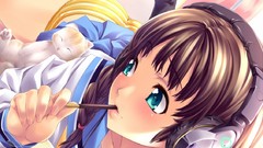 Cats headphones socks blue eyes brunettes school uniforms 