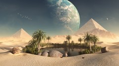 Cats pyramids oasis planets artwork deserts
