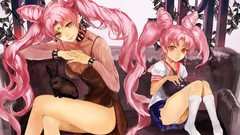 Cats red eyes pink hair anime girls Bunnies sailor moon seifuku 