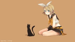 Cats sitting blondes anime girls blue eyes vocaloid kagamine 