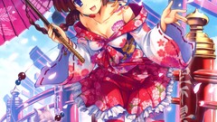 Cats Umbrellas anime girls blue eyes cleavage original 