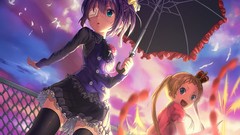 Cats Umbrellas fences stockings blue hair short hair skies open 