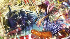 Cats wings Station guitars long hair anime girls green eyes