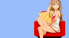 Chairs Anime blue background sitting long hair anime girls blue 