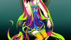 Chairs dress sitting stockings multicolor long hair anime girls 