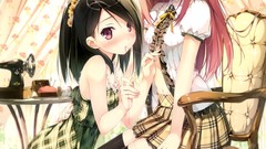 Chairs dress skirts blush pink hair pink eyes anime girls 