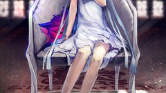 Chairs dress white hair sitting anime girls blue eyes stuffed 
