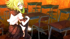 Chairs glasses sitting schoolgirls desks stockings skirts anime 