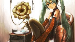 Chairs gramophone sitting wires tattoos long hair anime girls 