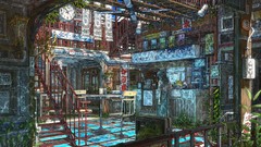 Chairs Plants Tables houses buildings long hair anime girls 