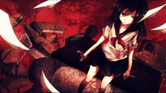 Chairs schoolgirls desks skirts long hair anime girls blue eyes 