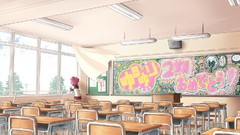 Chairs window curtains desks indoors classroom school uniforms 