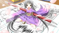 Chibi kimono long hair anime girls brunettes cherry blossoms 