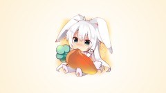 Chibi yellow background white hair eating anime girls blue eyes 