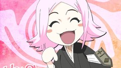 Children Anime pink background pink hair closed eyes laughing 