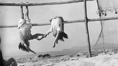 Children Beaches playing grayscale old photography Fishing net 
