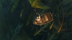 Children fishing fish Boats aerial view animated fantasy art