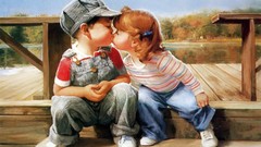 Children jeans hats lakes suspenders kissing redheads