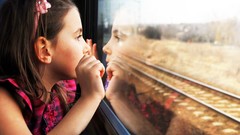 Children reflections railroad tracks hair band trains window 