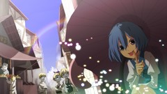 Children Umbrellas fireflies red eyes tongue buildings outdoors 