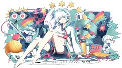 China headphones Anime white hair barefoot anime girls blue 