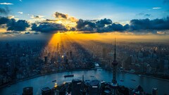 China Shanghai sunlight cityscape Asia sky clouds aerial view