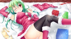 Christmas Anime red eyes gloves anime girls wink green hair 
