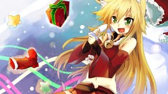 Christmas blondes anime girls blue eyes green eyes animal ears 