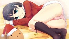 Christmas blush anime girls green eyes black hair underwear 