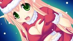 Christmas hats anime girls green eyes cleavage Santa outfit