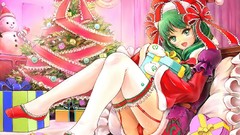 Christmas hats Ribbons sitting bows stockings smiling long hair 