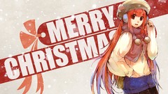 Christmas hats scarfs long hair anime girls brown eyes redheads 