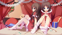 Christmas long hair anime girls blue eyes brunettes original 
