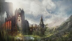 Church fantasy art Birds artwork sky ruin ruins
