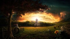 Church landscape Flowers sky clouds artwork sunlight Sunflowers