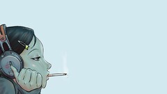 Cigarettes headphones artwork Simple Background anime girls face