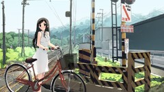 City bicycle anime girls railway crossing Anime