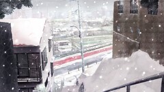 City snow winter Anime stairs cityscape