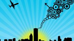 City sun plane smoke abstract circles buildings vectorized