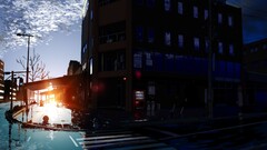 City sunlight dark building street urban sun wet street