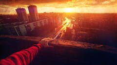 City sunset sunlight cityscape People hands digital art balcony