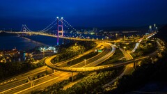 cityscape Bridge long exposure road intersections night sky