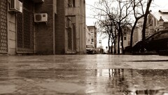 cityscape City building sepia street wet street reflection urban