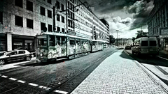 Cityscapes cars buildings tram