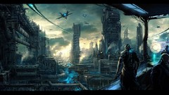 Cityscapes futuristic spaceships vehicles
