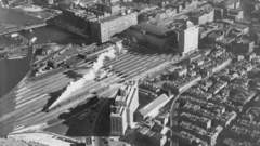 Cityscapes trains buildings grayscale